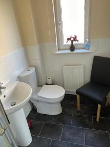 a bathroom with a white toilet and a sink at Double room with ensuite, tea & coffee, Falkirk, Scotland in Falkirk
