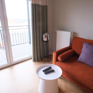 uma sala de estar com um sofá e uma mesa em Apartament Andersa Biłgoraj parking podziemny em Bilgoraj
