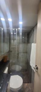 een badkamer met een douche, een toilet en een wastafel bij Disfruta de Comodidad y Tranquilidad in Bogota