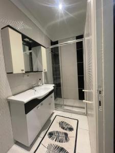 La salle de bains est pourvue d'un lavabo et d'une douche. dans l'établissement Taksim Square 2plus1 Big Flat on the Center with 2 Bathroom, à Istanbul