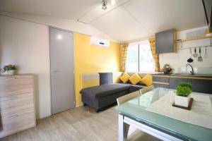 ein kleines Wohnzimmer mit einem Sofa und einer Küche in der Unterkunft LunaBay Biograd Mobile Home in Biograd na Moru