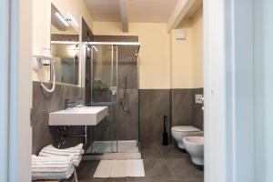 uma casa de banho com um chuveiro, um lavatório e um WC. em Agriturismo I Tre Colli em Viazzano