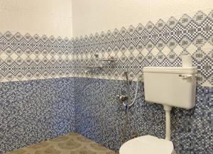 a bathroom with a toilet and blue and white tiles at Bens Inn in Mandrem