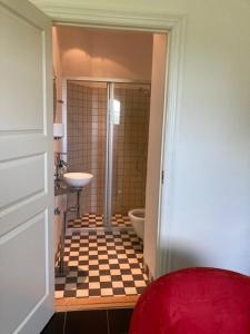 a bathroom with a shower and a toilet and a sink at Rosenlund-bb 