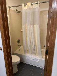 a bathroom with a toilet and a shower curtain at Columbus Inn in Columbus