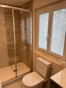 La salle de bains est pourvue d'une douche, de toilettes et d'une fenêtre. dans l'établissement STUDIO proche aéroport, à Bouguenais