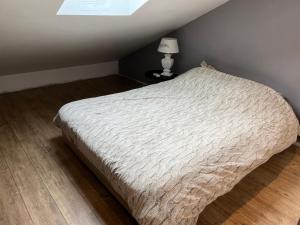 a bed in a bedroom with a lamp on a table at STUDIO proche aéroport in Bouguenais