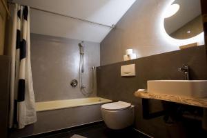 a bathroom with a sink and a toilet and a shower at Schneckenhaus Dachstein West in Russbach am Pass Gschütt