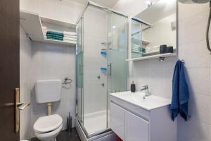 uma casa de banho com um lavatório e um chuveiro. em Apartment Laurus em Vantacići