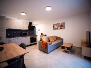 uma sala de estar com um sofá e uma cozinha em Adalia Lodge em Basse-Yutz