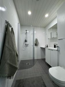 a bathroom with a shower and a toilet and a sink at City Apartment Pankkitalo in Kuopio