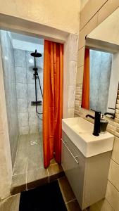 a bathroom with an orange shower curtain and a sink at Studio Loulou, Tsoundzou2 in Mamoudzou