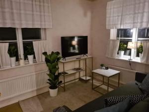 een woonkamer met een tv en een aantal ramen bij Sörgården - hyr hela gården! (2-35 personer.) in Köping