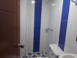 bagno con servizi igienici e parete a strisce blu di Hotel Tivacui a Cuítiva