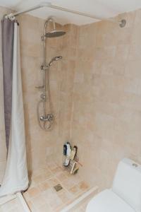 a bathroom with a shower and a toilet at Renovated, open and functional old city house in Heraklio Town +23 photos