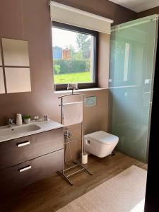 ein Bad mit einem WC, einem Waschbecken und einem Fenster in der Unterkunft Bosque da Harmonia in Arco de Baúlhe