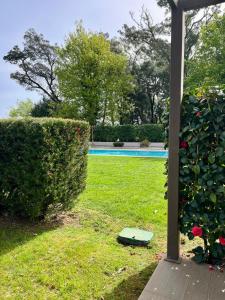 een tuin met een heg en een zwembad bij Bosque da Harmonia in Arco de Baúlhe