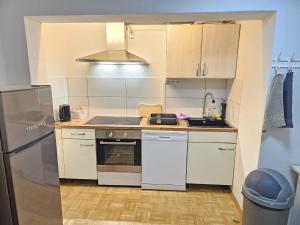 a small kitchen with white cabinets and a sink at Wohnreich Blaustein Mitte -1B- 2er WG in Blaustein