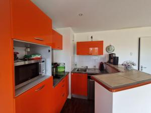 Una cocina naranja con fregadero y microondas. en Flat in Brittany near Sandy Beach & Golf, en Saint-Cast-le-Guildo