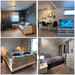 three different pictures of a bedroom and a living room at Fin sentral leilighet i Lakselv! in Lakselv