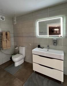 a bathroom with a white sink and a toilet at Husky House in Kladkovka