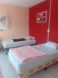 two beds in a room with red walls at Agartha Hostel in Boquete