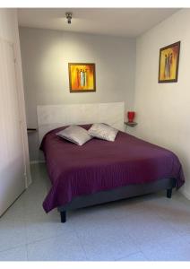 - une chambre avec un lit violet et 2 oreillers dans l'établissement Malocco, à Pontcarré