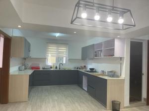 a large kitchen with blue cabinets and a light fixture at Spacious Flat in Port Louis in Port Louis