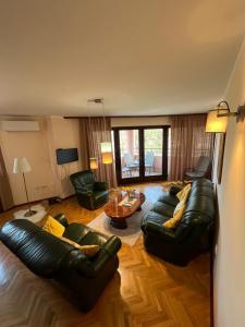 sala de estar con sofá de cuero y mesa en Apartmani Central 12 & Free parking, en Vrnjačka Banja