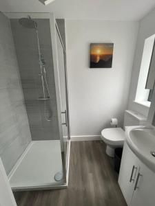 een badkamer met een douche en een toilet bij Lancelots Breathtaking views in Tintagel