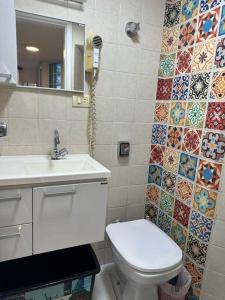 a bathroom with a toilet and a sink and a mirror at Ape Caiobá vznho boliche e Assoc Caixa Econômica in Matinhos