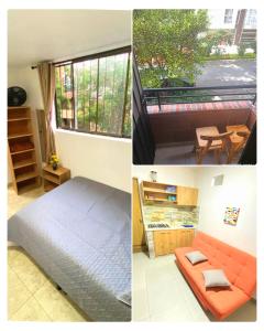 2 fotos de un dormitorio con cama y mesa en 23 COMODO APARTAMENTO CON BALCON EN LAURELES ESTADiO, en Medellín