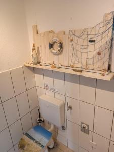 a bathroom with a toilet and a shelf with a mirror at Ferienwohnung Leuchtturm - b51002 in Oldenswort