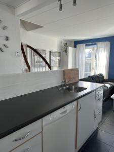 een keuken met een wastafel en een woonkamer bij Tversted Strandpark in Bindslev