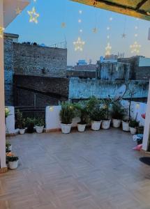 a patio with potted plants and christmas stars at Rooftop Floor with a big Room in New Delhi