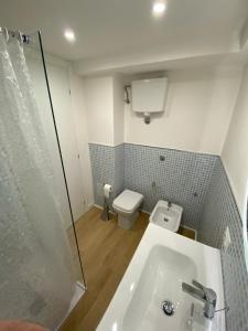 La salle de bains est pourvue d'un lavabo et de toilettes. dans l'établissement Oasi Central - Appartamento in pieno centro, à Trieste
