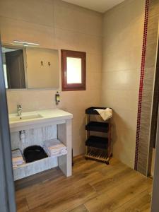 y baño con lavabo y espejo. en Logis Le Mistral - Montélimar Sud, en Châteauneuf-du-Rhône