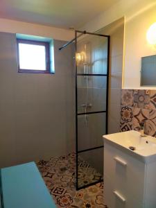 Vérin的住宿－La Verdine，一间带玻璃淋浴和水槽的浴室