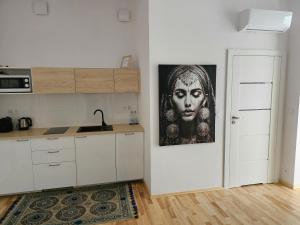 a kitchen with a portrait of a woman on the wall at Juwel Apartments Kraków 14 in Kraków