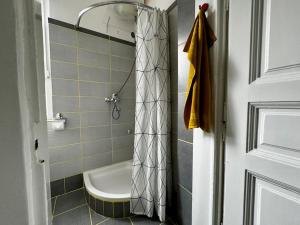 a bathroom with a shower curtain and a toilet at Downtown Delight: Chic Oasis in Zagreb