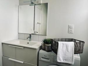 ein Badezimmer mit einem Waschbecken und einer Waschmaschine in der Unterkunft Le Nid Vert, T2 cocooning à Rennes, proche gare in Rennes