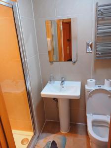 a bathroom with a sink and a toilet and a mirror at Stunning Studio For 2 Near Hyde-f303 in London