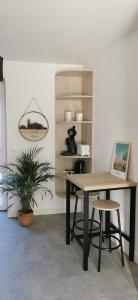uma mesa e dois bancos numa sala com uma planta em Maison DEOLS centre pour 1 a 2 personnes em Déols