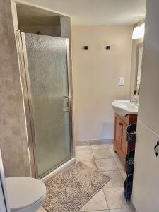 a bathroom with a shower and a toilet and a sink at City light views getaway close to top ski resorts in Salt Lake City