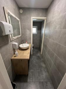 ein Bad mit einem Waschbecken und einem Spiegel in der Unterkunft Club PlayStation “WarZone” Banjaluka in Banja Luka