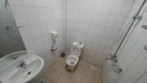 a small bathroom with a toilet and a sink at Arise Africa International Christian Guesthouse in Jinja