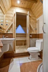 a wooden bathroom with a toilet and a sink at Domek w Krynicy z sauną in Krynica Zdrój