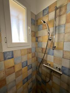 a shower with a hose in a bathroom at Location saisonnière en Provence in Rochefort-du-Gard