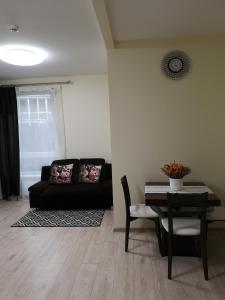 a living room with a black couch and a table at Ozo park appartments in Vilnius