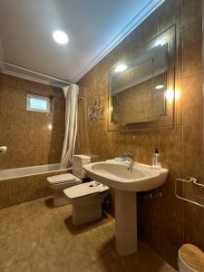 a bathroom with a sink and a toilet and a mirror at Mejores vistas de San Sebastián in San Sebastián